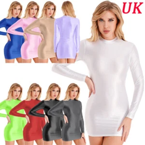 Womens Oil Glossy Long Sleeves Bodycon Dress Solid Color Stretchy Shinny Dresses - Picture 1 of 119