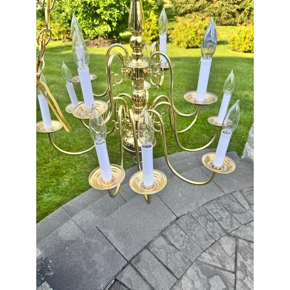 Vintage Polished Brass Gold Color 12 Light Candle Chandelier Lighting with Lamp - Image 1 of 4