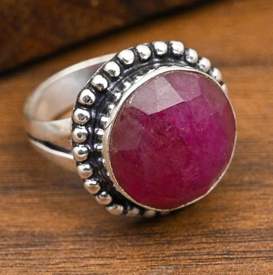 Faceted Ruby Lab-Created Gemstone Handmade 925 Sterling Silver Jewelry Ring - Image 1 of 4