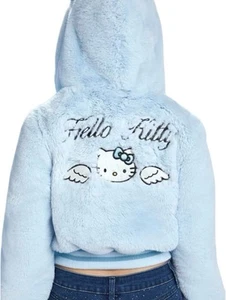 Hello Kitty Forever 21 Zip Up Baby Blue Faux Fur Hoodie XS - Picture 1 of 12