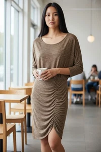 Free People Strickkleid mit Rüschen braun Wasserfallausschnitt Langarm Damen Large Boho - Bild 1 von 6