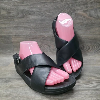 FitFlop Lulu Sandals Women 8.5 Black Buckle Leather Cross Straps Platform Chunky - Image 1 of 4