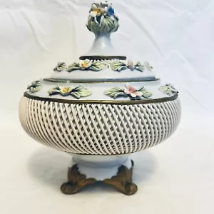 CAPODIMONTE LATTICE BRAIDED FLORAL PORCELAIN POTPOURRI CANDY BOWL W/ LID #485A - Picture 1 of 12