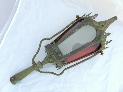Antiq Religious Gothic Church Lantern Light Green Brass Glass Candle Holder 19TH Cover