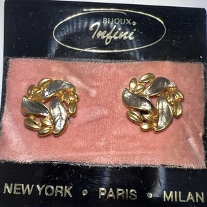 Vintage Bijoux Infini Clip On Earrings Leaves Silver Gold 2 Tone Costume Jewelry - Picture 1 of 4