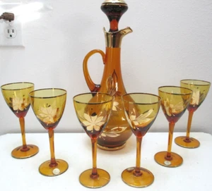 Vintage Made in Romania Glass Decanter w 6 Goblets Amber Gold Trim Flowers 14" T - Picture 1 of 10