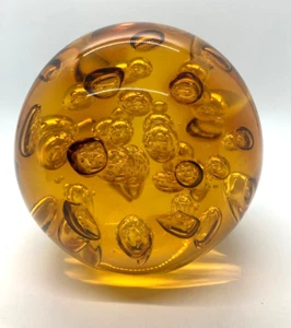 Amber Art Glass Sphere with Interior Bubbles Mid-Century Paperweight 5" - Picture 1 of 8