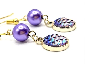 Purple Mermaid 3-D Resin Multi-Color Fish Scales Dangle Drop Earrings Glass Bead - Picture 1 of 6