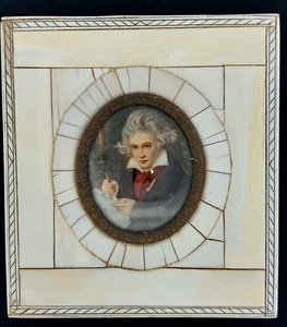 Antiguo retrato firmado pintado a mano de Beethoven - marco de concha - 4x33/4 pulgadas - Imagen 1 de 15