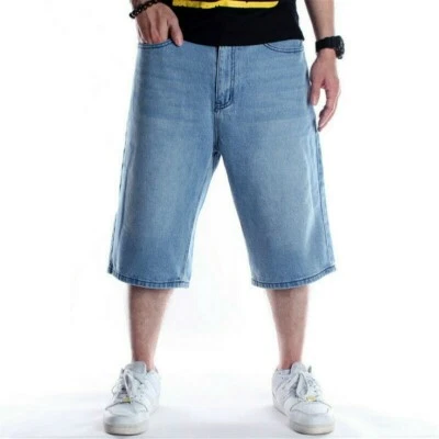 Men Denim Shorts Loose Hip Hop Cropped Jeans Blue Skateboard Short Pants New SPW - image 1 of 4
