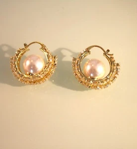 18K gold plated zircon triple hoop with large faux pearl earrings 1 1/8" - Picture 1 of 2