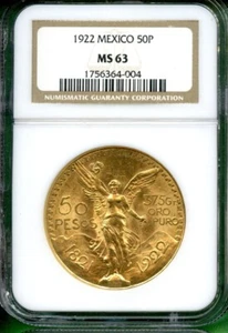 MEXICO   50 PESO  1922     NGC MS 63   1.2057 OZ  RARE - Picture 1 of 2
