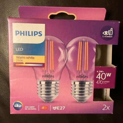 2 pack - Philips LED Lustre Bulb E27 – 4.3W (40W Eq), Warm White 2700K - Image 1 of 2