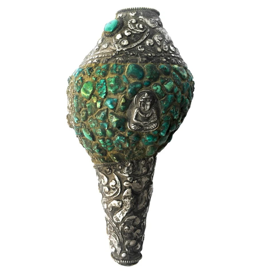 Tibetano Soplando Shankh Caracola Trompeta Cuerno Estatua Turquesa Azulejo Decoración del Hogar Foto 1 de 4