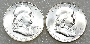 1957-D + 1958-D Franklin Silver Half Dollar Ch BU Frosty White 2 coins #K298 - Picture 1 of 2