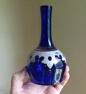 1890s OPEN PONTIL HAND BLOWN BARBER BOTTLE COBALT BLUE WITH SILVER &GOLD DESIGNS - Picture 1 of 9