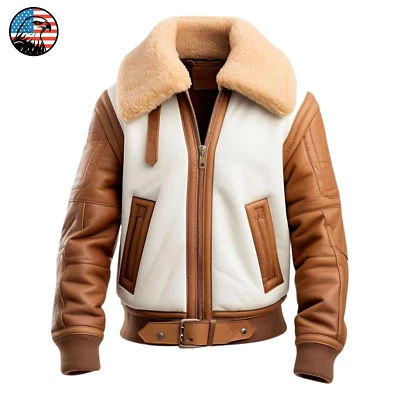 Men's RAF Aviator B3 White Real Leather Jacket Pilot Flying Bomber Shearling Fur - Image 1 of 4