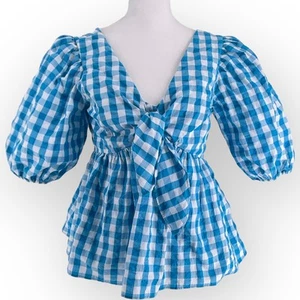 Lilly Pulitzer Blue Gingham Sarafina Babydoll Top Tie Front Size 2 - Picture 1 of 10