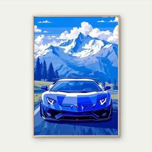 Blue Lamborghini Sports Car with Mountain  Wall Art Poster Choose Your Size - Picture 1 of 2