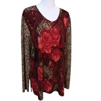 Blusa TOP STONEBRIDGE VINTAGE Camisa Rosas Floral Brilho Tamanho XL Ouro Vermelho - Imagem 1 de 4