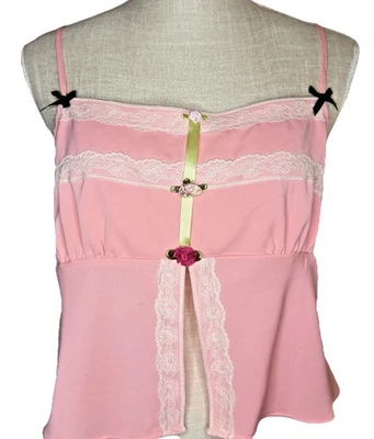 NWT Betsey Johnson x Forever 21 Peachy Pink Lingerie Lace Trim Cami M Flowy Y2K - Image 1 of 4