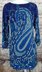 Old Navy Dress Size XS 3/4 Sleeve Blue Paisley Floral Lined Shift Scoop Neck  I - Picture 1 of 6