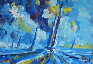 Pintura Original Velero - Estilo Expresivo Paisaje Marino Azul y Amarillo - Imagen 1 de 7