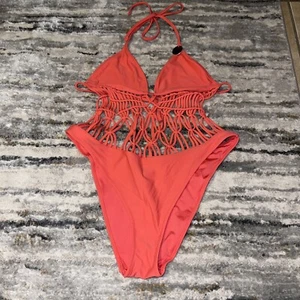 NWT Sexy Forever 21 Coral Macrame Strappy Monokini Swimsuit L - Bild 1 von 3