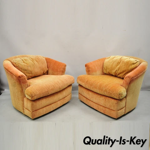 Flexsteel Mid Century Orange Upholstered Swivel Lounge Club Chairs - a Pair Cover