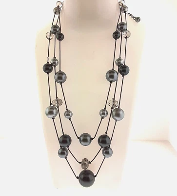 Collar Flotante Perla Gris Cristal Cuentas 3 Hilos Nuevo Limitado Foto 1 de 4