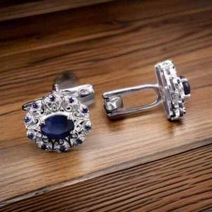 2.10Ct Oval Lab-Created Blue Sapphire Men's Gift Cufflinks 14K White Gold Plated - Picture 1 of 5