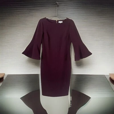 Calvin Klein Purple 3/4 Bell Sleeve Boat Neck Shift Wedding Guest Dress Sz 6 - Image 1 of 4
