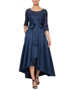 Alex Evenings Women's Long Ball Gown Dress Belted Solid 3/4 Sleeve Lace A2398 - Picture 1 of 23