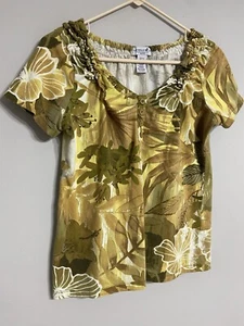 Caribbean Joe Petite Green Floral Short Sleeve Blouse womens PM - Picture 1 of 6