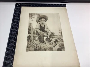 ART PAPER ETCHING PLATE Original Print J. KNOWLES HARE Young Boy Fence Hat DOG - Picture 1 of 22