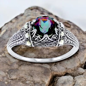 RAINBOW MYSTIC QUARTZ & PEARL 925 STERLING SILVER ANTIQUE STYLE RING #011 - Picture 1 of 3