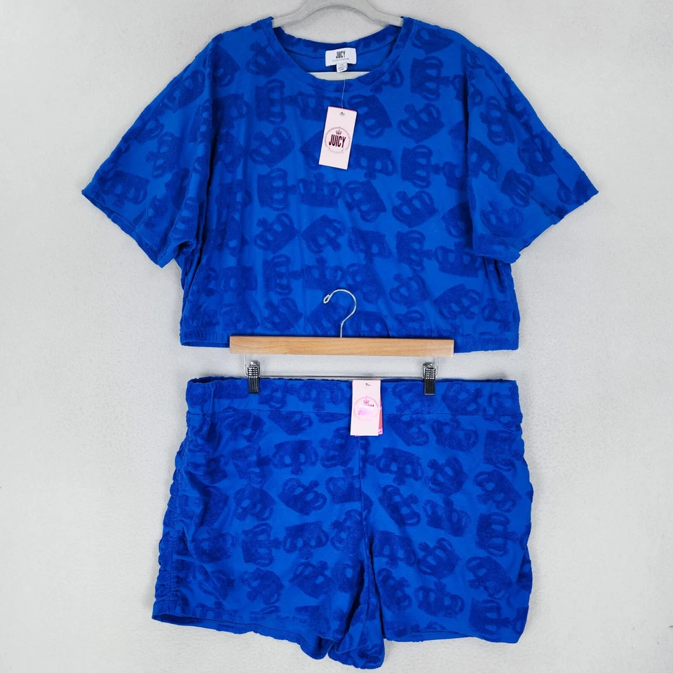 Juicy Couture Shorts Womens 2X Blue Terry Cropped Shirt 2PC Set Crown Casual NEW - Image 1 of 4