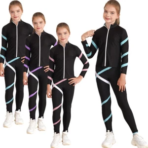 Kids Girls Sportwear Contrast Color Sweatsuit Yoga Tracksuit Long Sleeve Dance - Picture 1 of 23