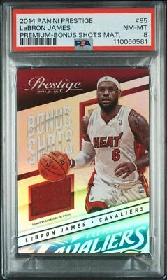 LeBron James PSA 8 2014-15 Panini Prestige /99 Bonus Shots Jersey #95, 1 Higher - Image 1 of 2