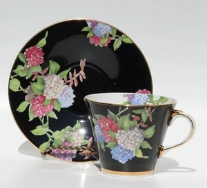 AYNSLEY BLACK FLORAL HYDRANGEAS – #B4556 PINK BLUE FLOWERS W/GOLD 1934-1939 - Picture 1 of 10