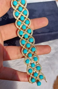 26,85 Karat Türkis & Diamant Luxus Blume breites Armband 18K Gelbgold über - Bild 1 von 7