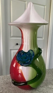 Green, Red and White Stripped Vase with Applied Flower and Stem - Picture 1 of 6