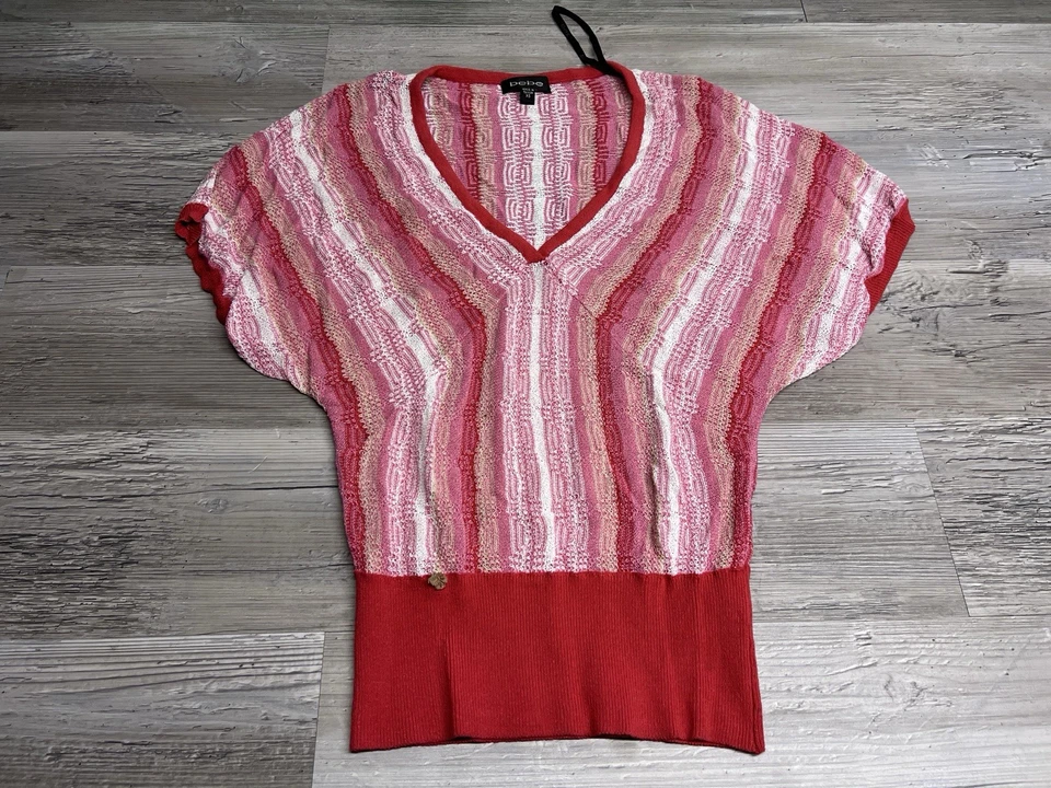Vintage Y2K Bebe V-Neck Open Knit Top Semi Sheer Pink Metallic XS Short Sleeve - Image 1 of 4