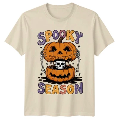 Spooky Season Halloween Mens Womens Graphic Tee Pumpkin Skeleton Shirt - Image 1 of 4