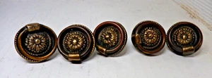 { Vintage Brass Drop Ring Round Drawer Pulls Set of 5 Dia. 1 1/2" - Picture 1 of 2