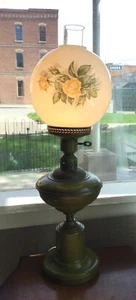 Vintage Mid-Century Metal Electric Hurricane Yellow Rose Lamp Glass Shade WORKS - Picture 1 of 10