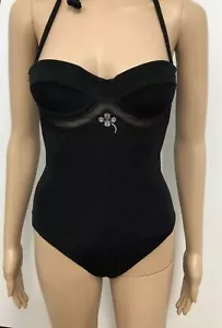 CHANEL 2001 Black BIKINI Swimsuit Bodysuit 1 Piece Swarovski Logo Sz.S 38 - Picture 1 of 11