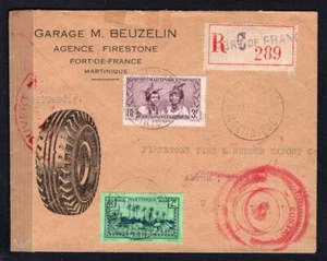 MARTINIQUE 1942 Censored Registered Cover to USA. Automotive Tires ADVERTISING - Picture 1 of 2