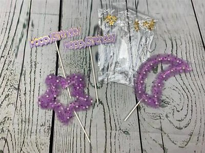 15 PCS Birthday Cake Decoration Happy Birthday Purple Stars Moon Foto 1 de 2