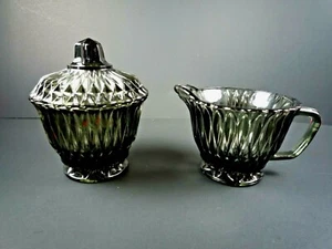 VINTAGE SMOKE BLACK PRESSED GLASS SUGAR AND CREAMER SET  - Picture 1 of 5